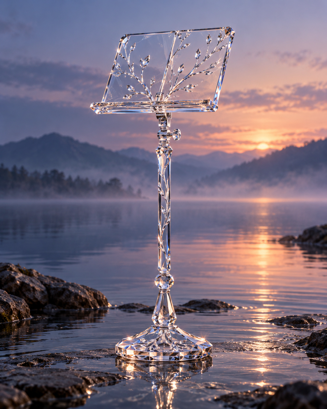 水畔雕纹水晶乐谱架 — AI image creation