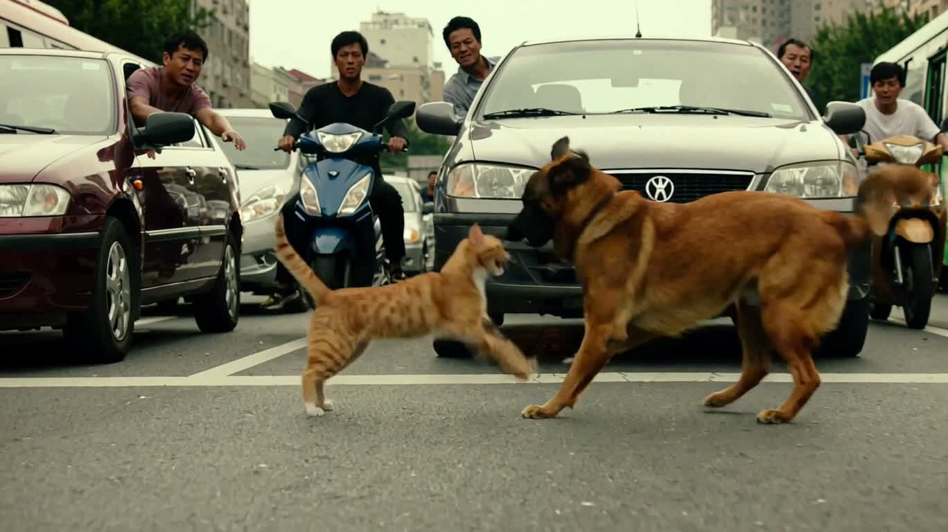 城市拥堵中的猫狗对峙