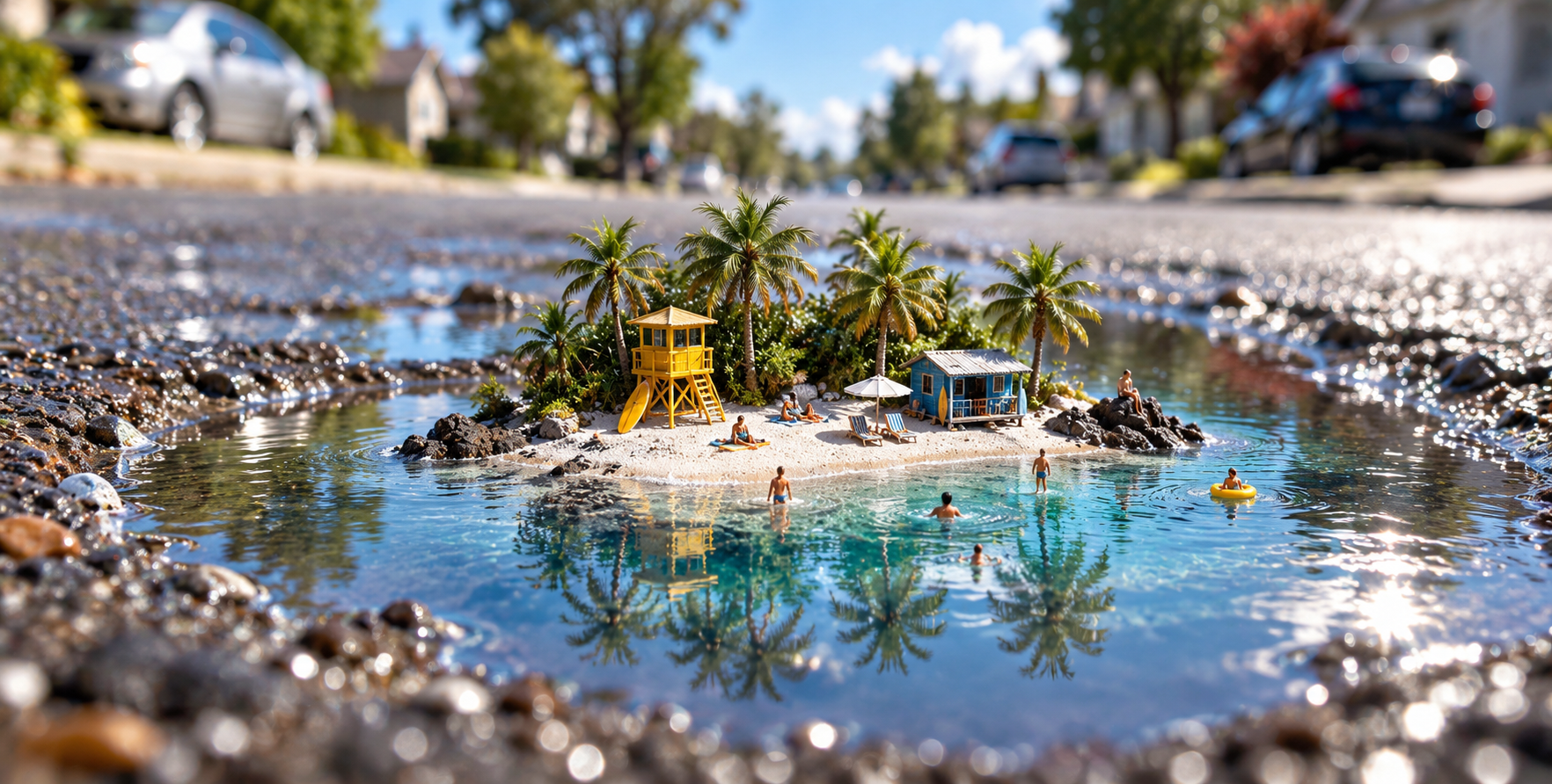 柏油路雨水坑里的奇幻微缩海岛 — AI image creation