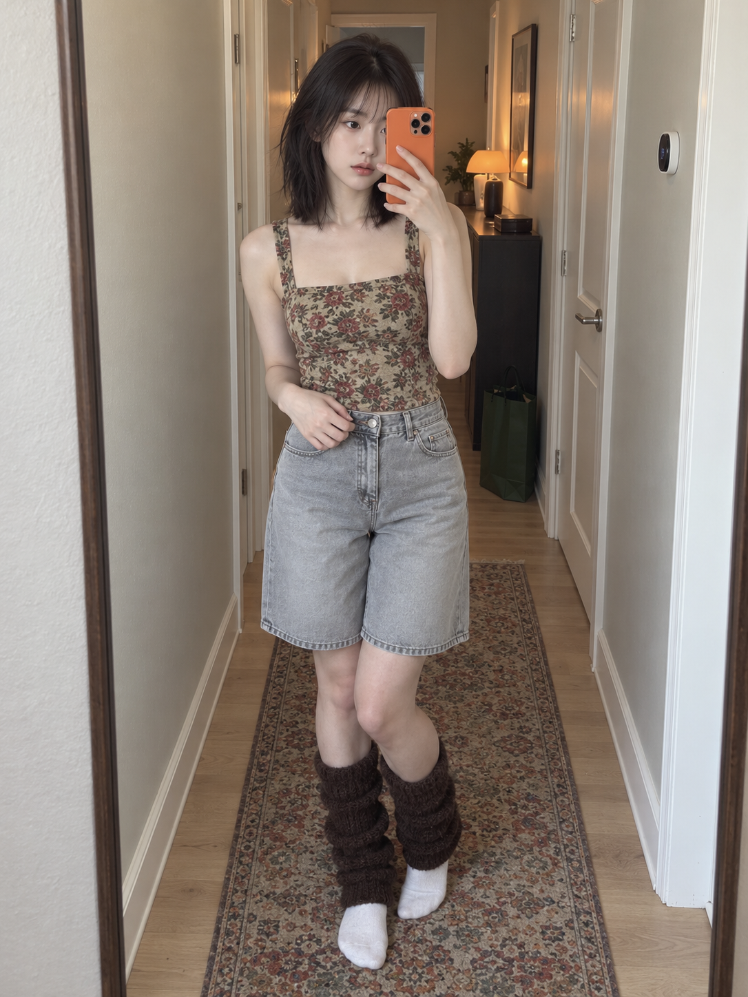 Selfie gương hành lang với ống chân màu nâu sẫm và điện thoại màu cam
