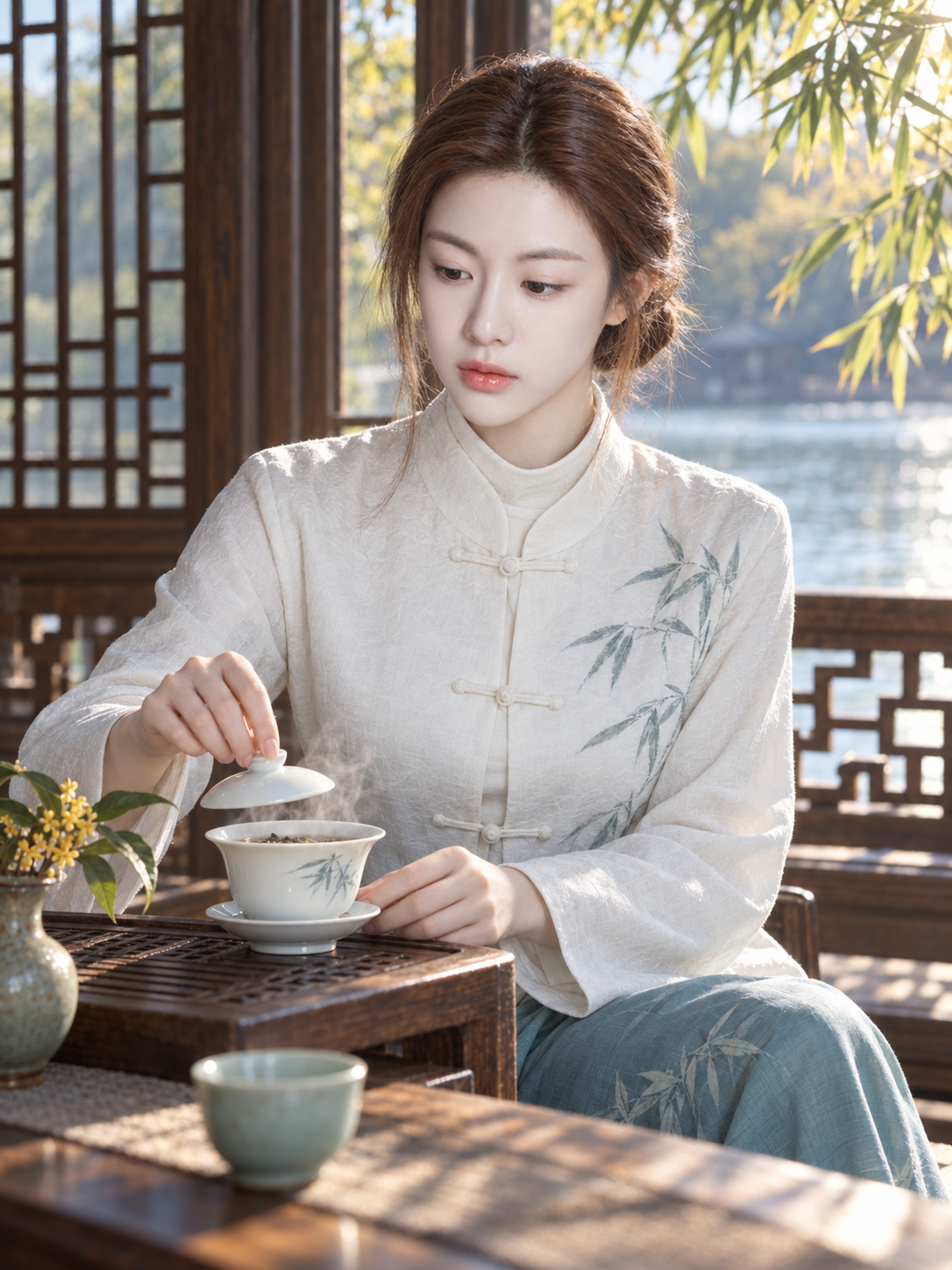 대나무 그림자 드리운 찻방에서 우아하게 차를 즐기는 성인 여성 초상 — AI image creation