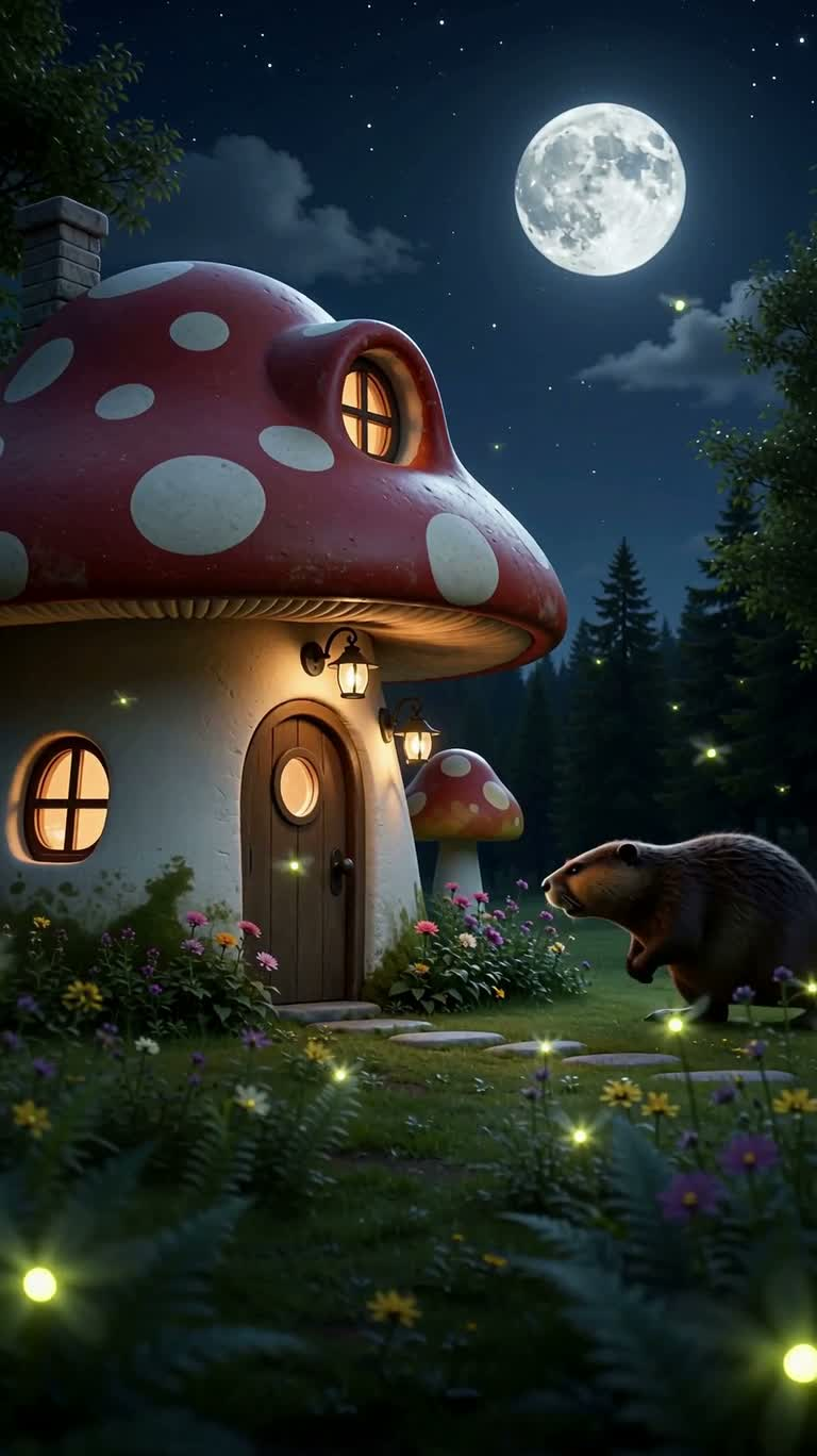 月夜蘑菇屋前的愤怒海狸