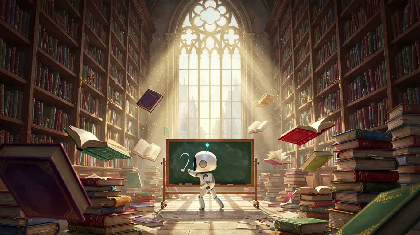 魔法图书馆里的笨拙机器人 — AI video creation
