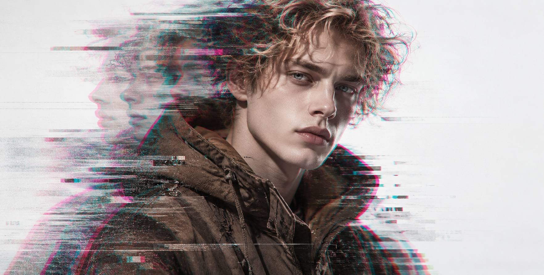 故障艺术风的金发男子肖像 — AI image creation