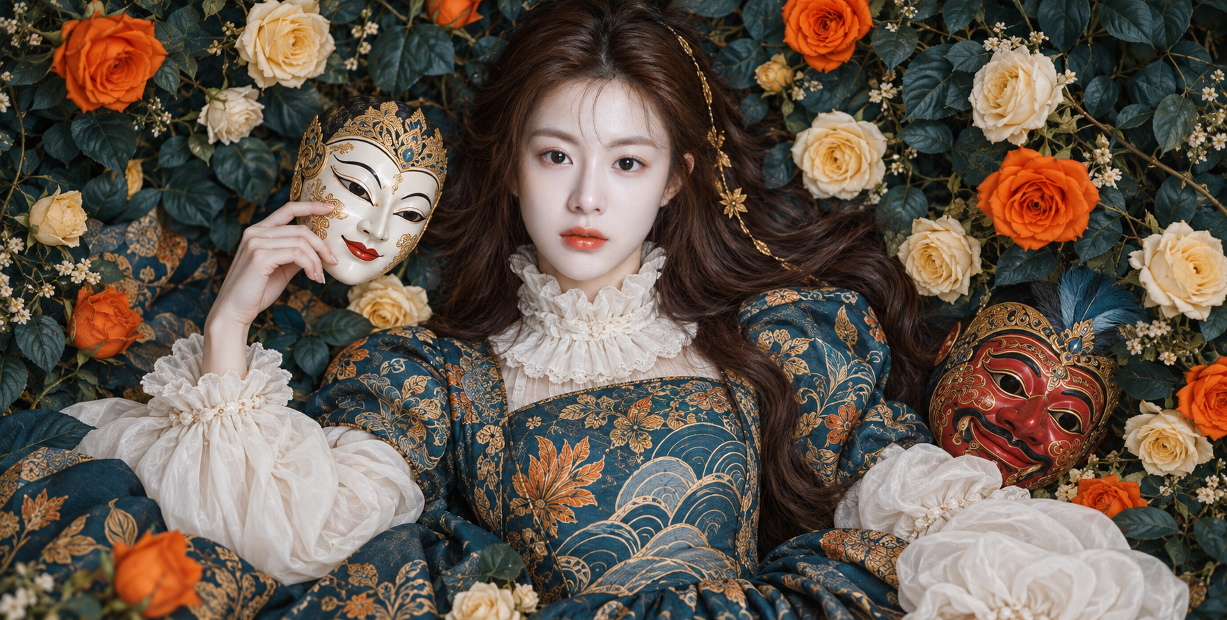 青蓝蜡染灵感礼服与花卉面具俯拍肖像 — AI image creation