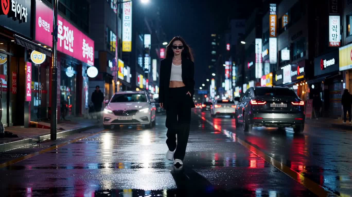 霓虹雨夜的都市女行者 — AI video creation