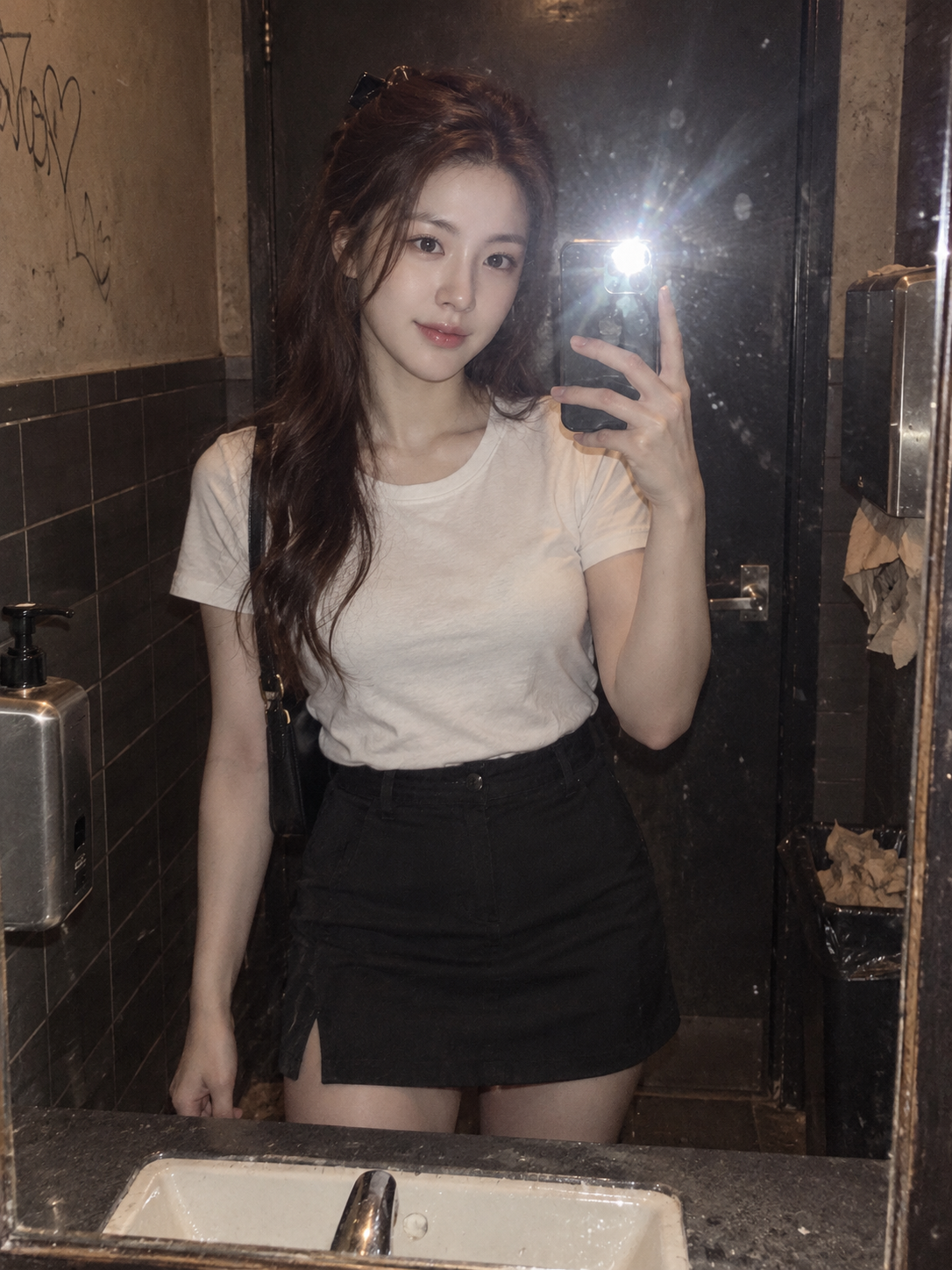 酒吧洗手间直闪镜面自拍的成年女性 — AI image creation