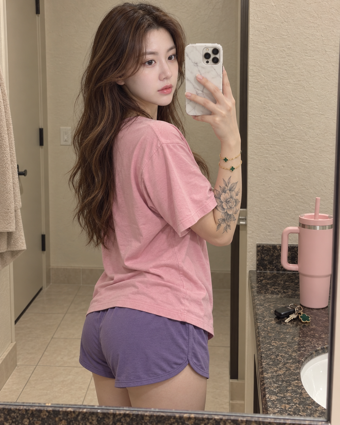 粉紫穿搭棕发女性的松弛感对镜自拍 — AI image creation