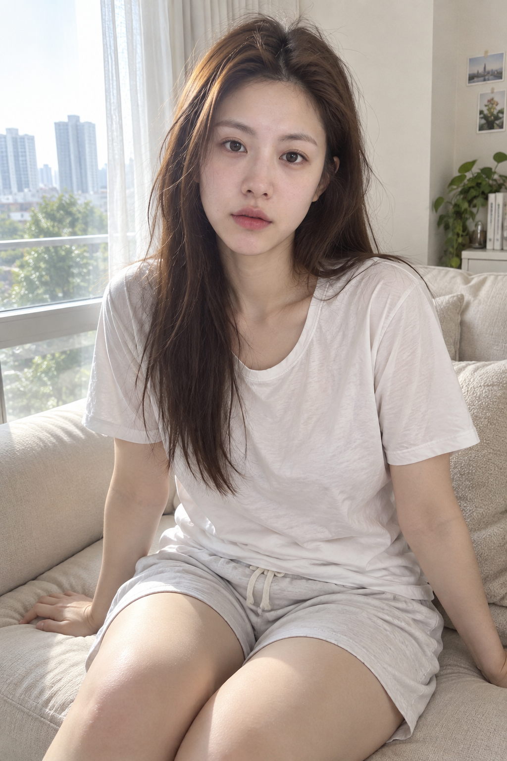 居家沙发成年女性随性手机抓拍 — AI image creation