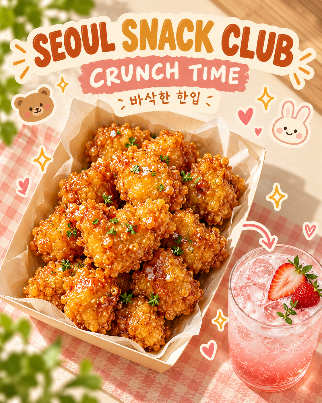 酥脆鸡块与草莓气泡饮可爱咖啡馆海报 — AI image creation