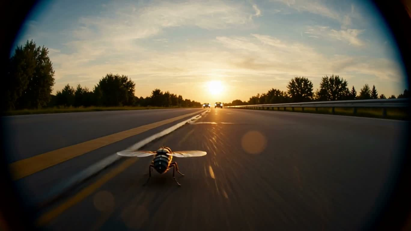 飞虫视角的夕阳公路爆炸追逐 — AI video creation
