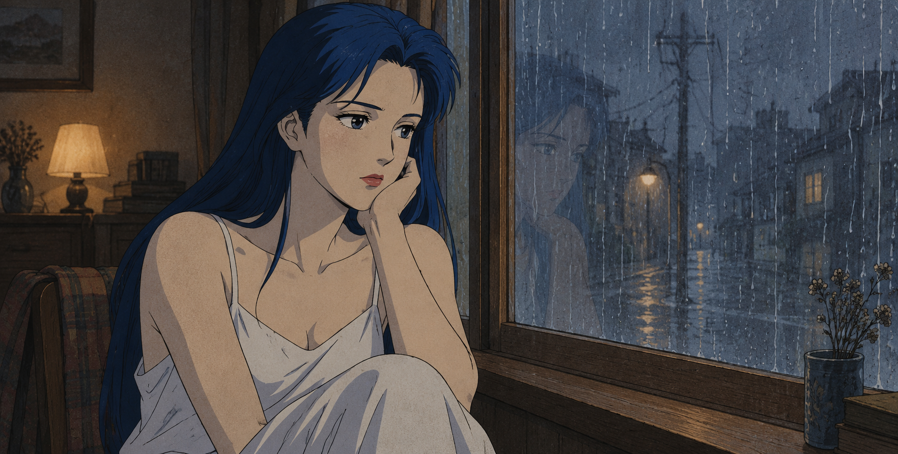 昭和复古雨夜蓝发女子窗前独坐 — AI image creation