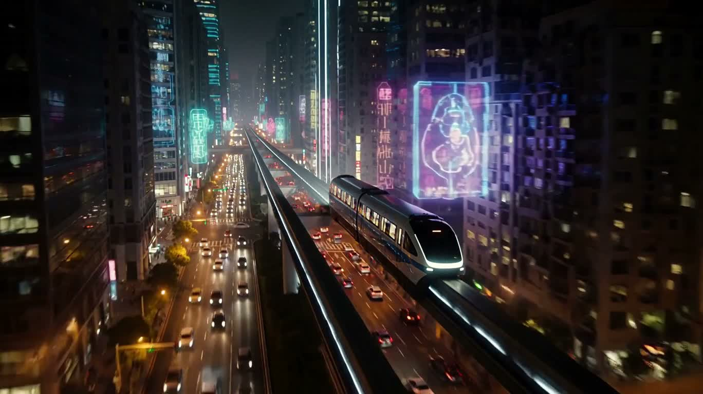 霓虹都市中的未来单轨列车