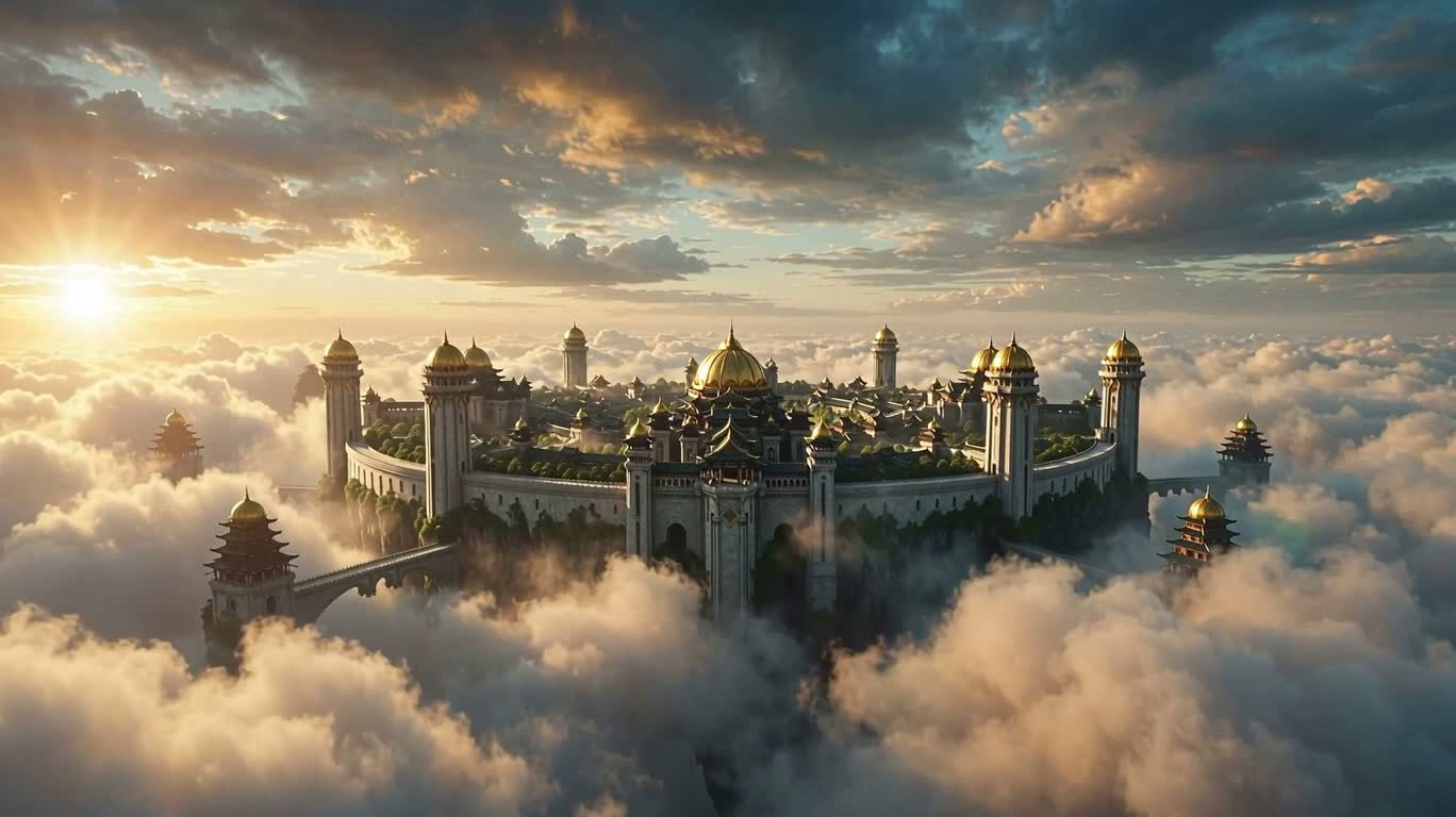 雲海に浮かぶ古代の浮遊都市 — AI video creation