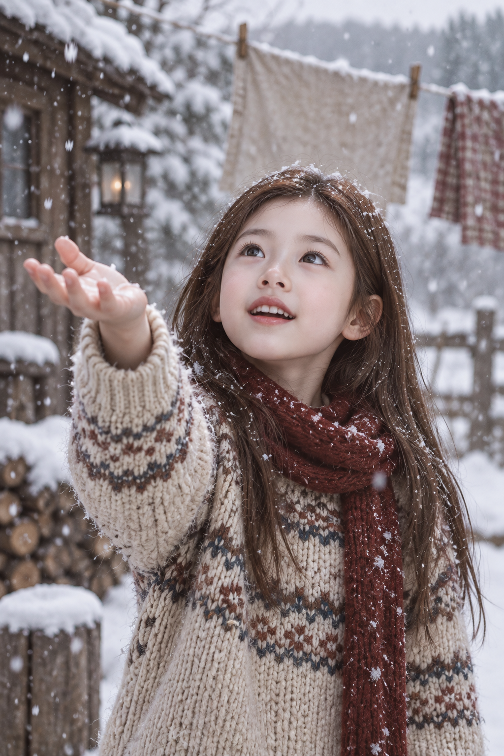 满眼惊喜伸手接雪的冬日电影感人像 — AI image creation