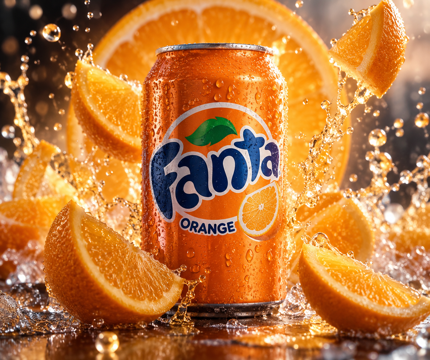 Fanta Orange ướp lạnh và tia nước cam bắn tung tóe