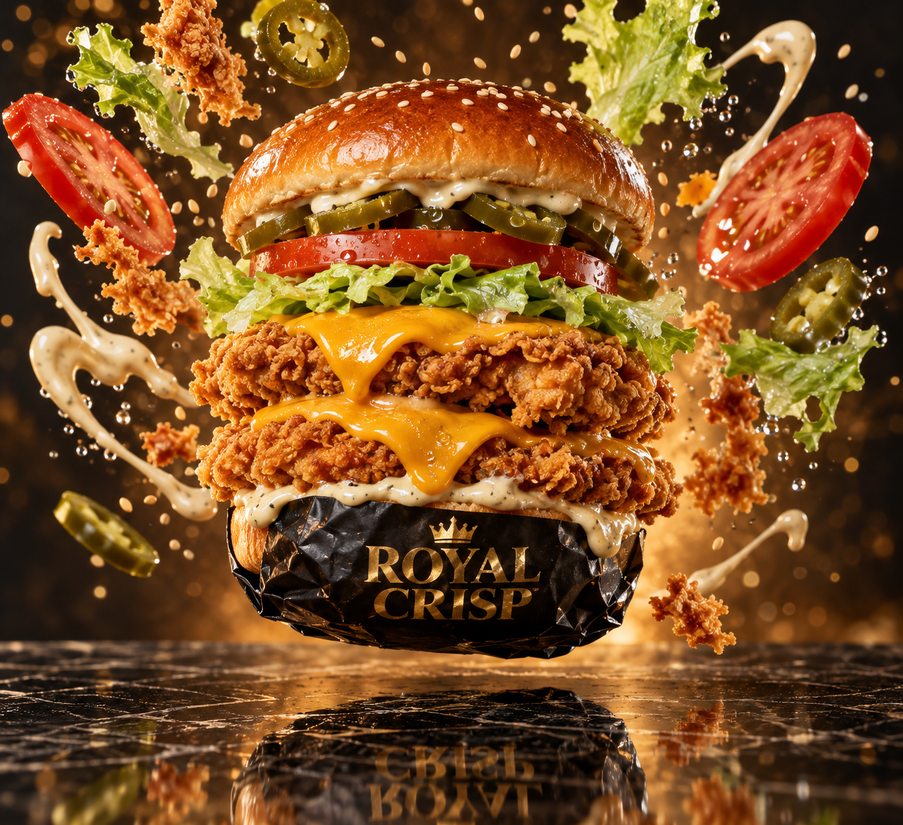 Instant d'explosion d'un burger au poulet frit luxueux
