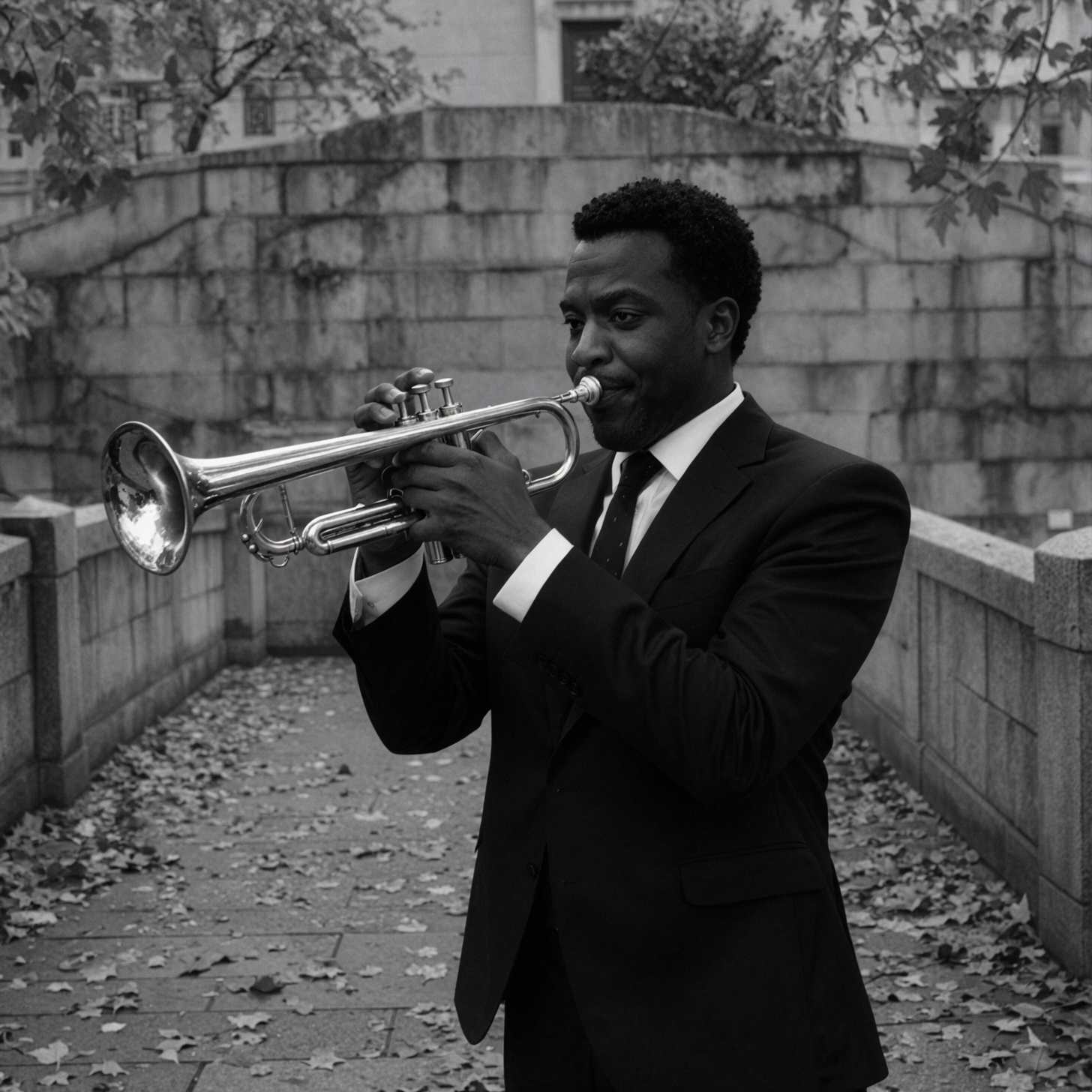Adult African Male Jazz Musician · Brass Echoes · Black-and-White Silver Gelatin — AI image creation