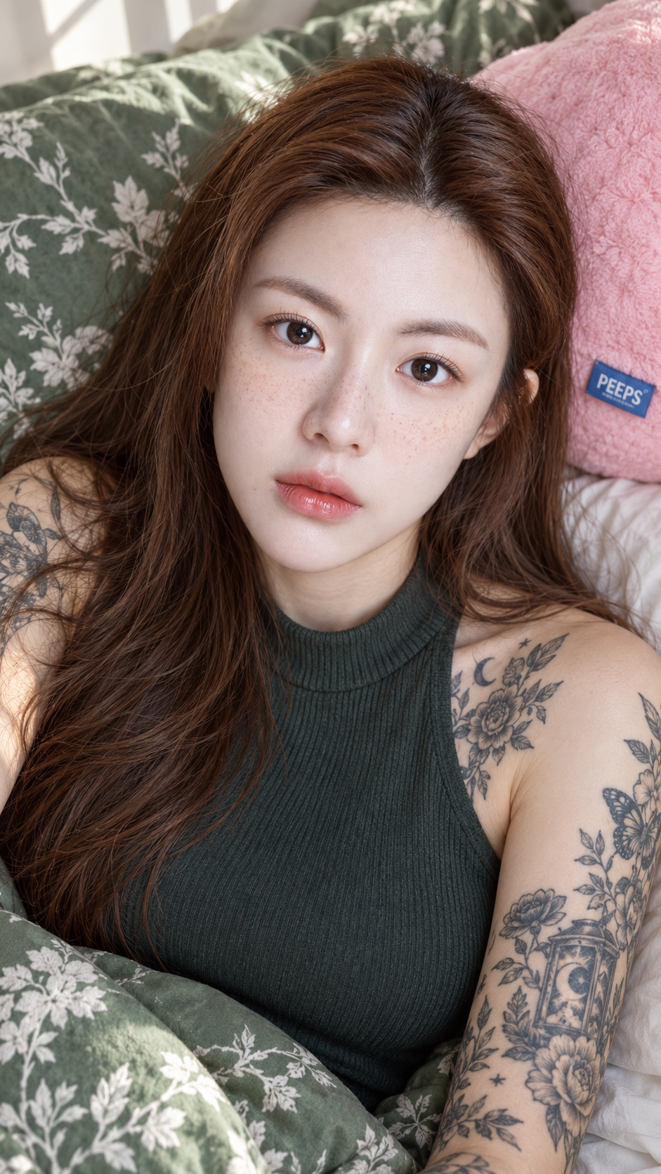 柔光下的成年纹身女性床上肖像 — AI image creation