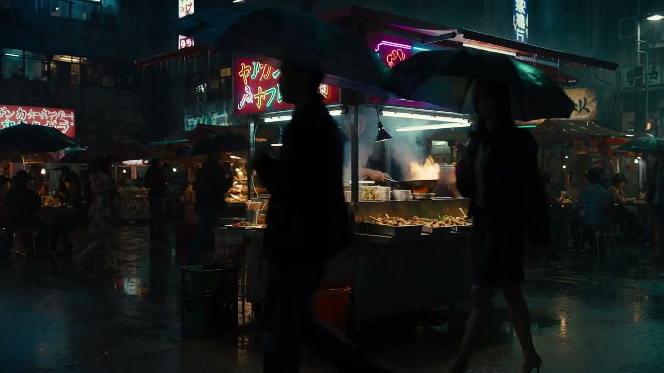 霓虹雨夜街头食摊 — AI video creation