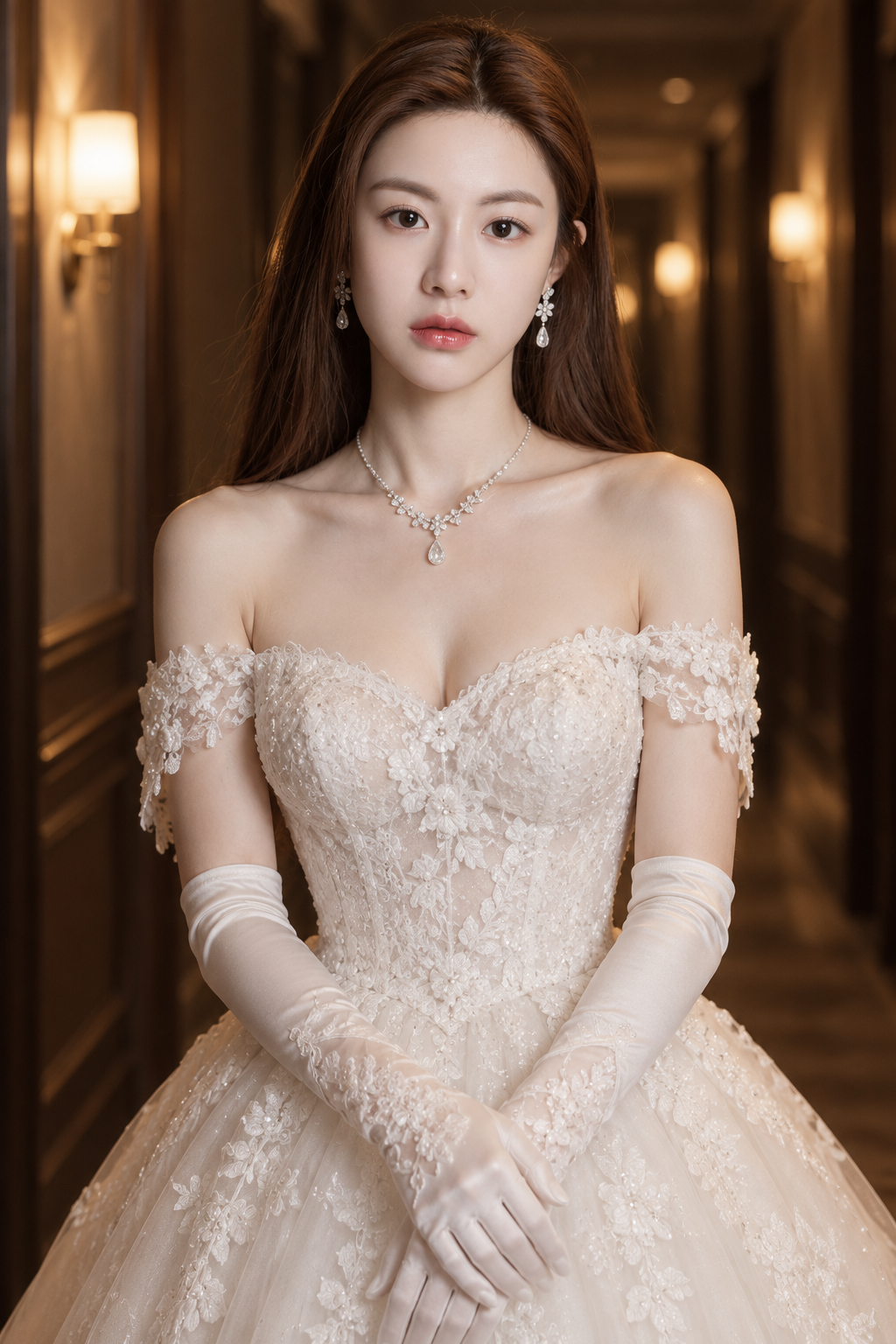 Femme en robe de mariée blanche en dentelle à épaules dénudées