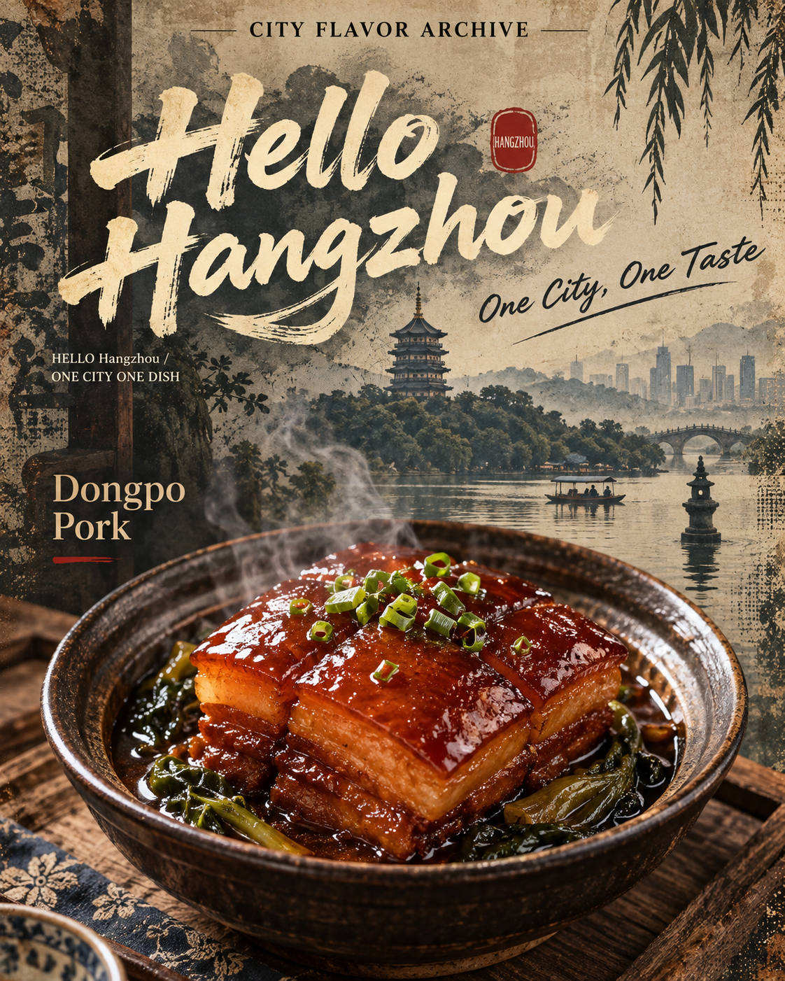 城市味觉档案一城一菜海报 — AI image creation