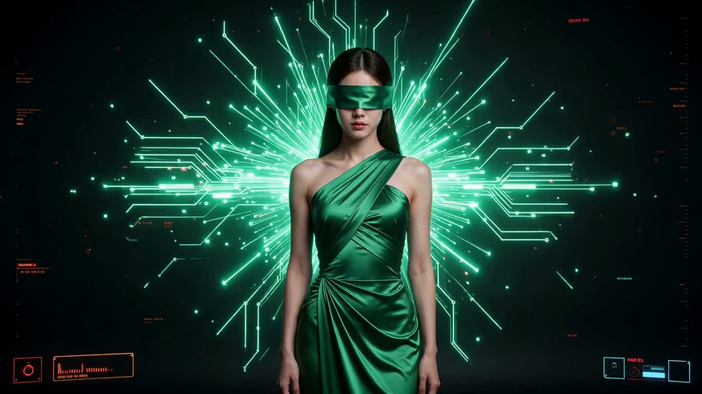 霓虹数据光环中的蒙眼女子 — AI video creation