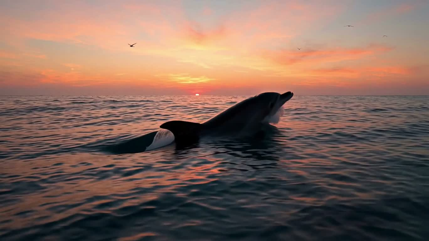 夕阳跃海的海豚