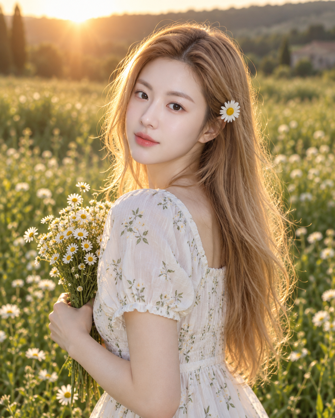 金色时刻野花草地超写实成年女性人像 — AI image creation
