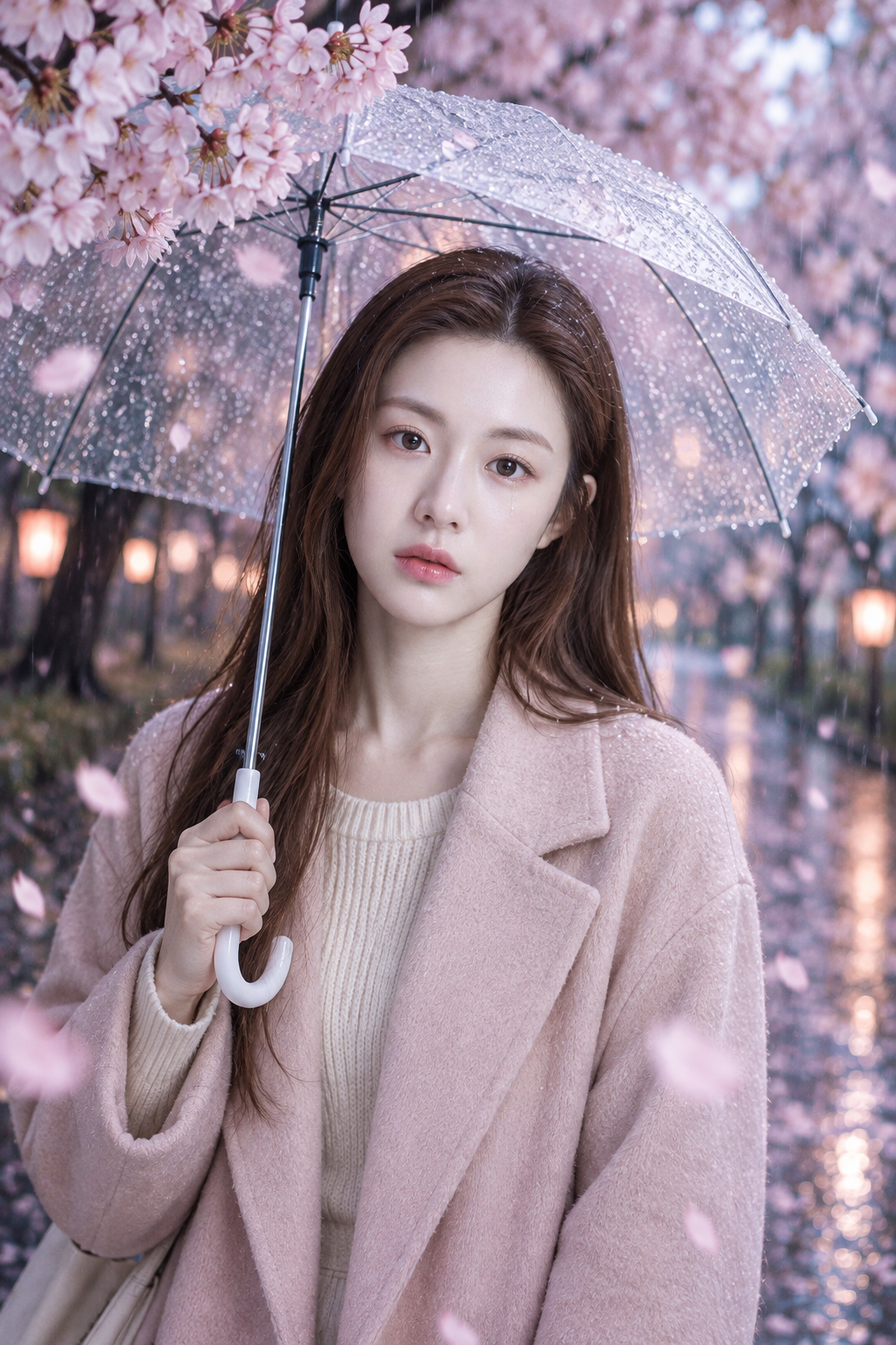 Chân dung lệ nhòa dưới mưa xuân và hoa anh đào