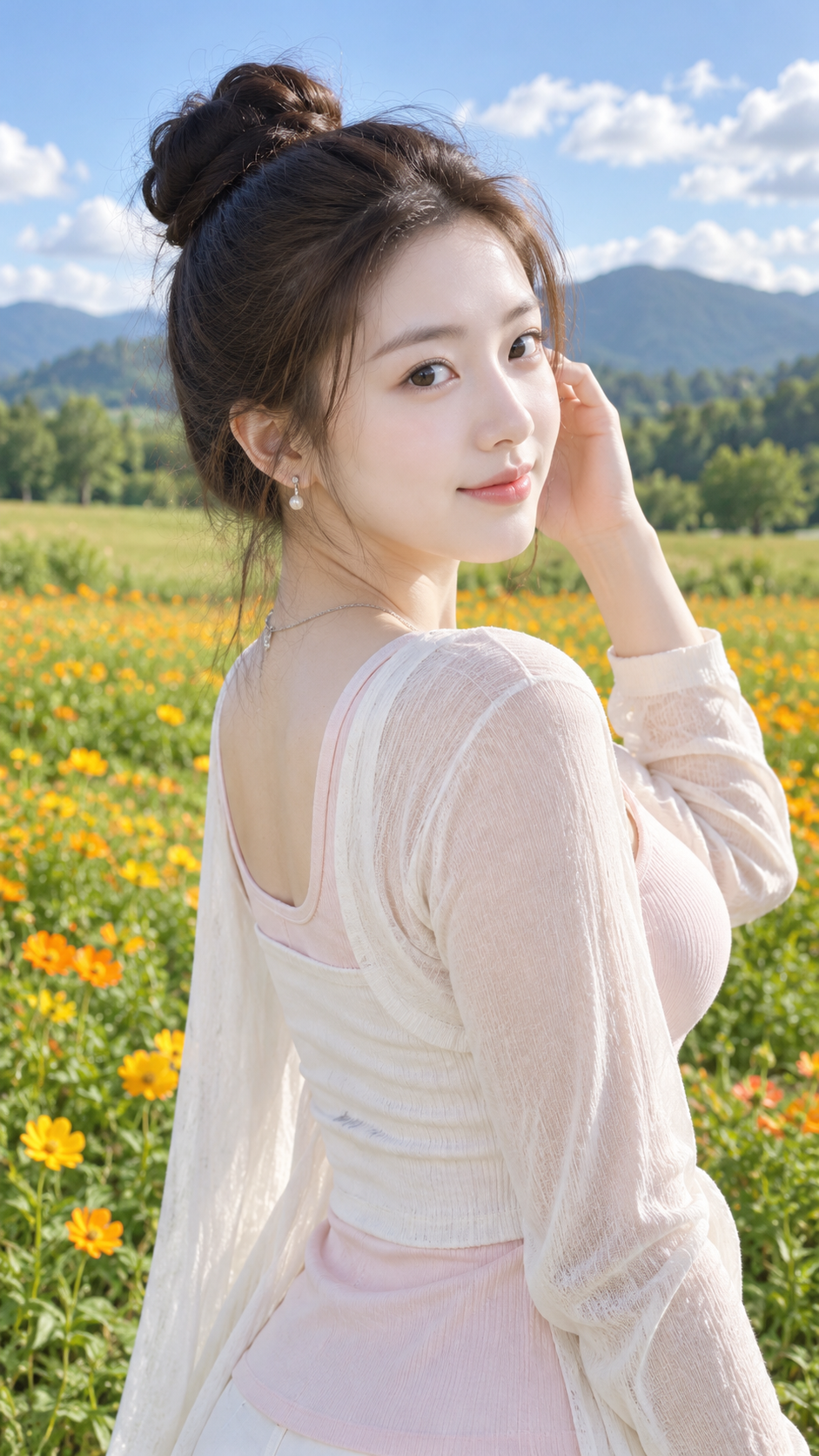户外花田回眸东亚女性真实感抓拍 — AI image creation