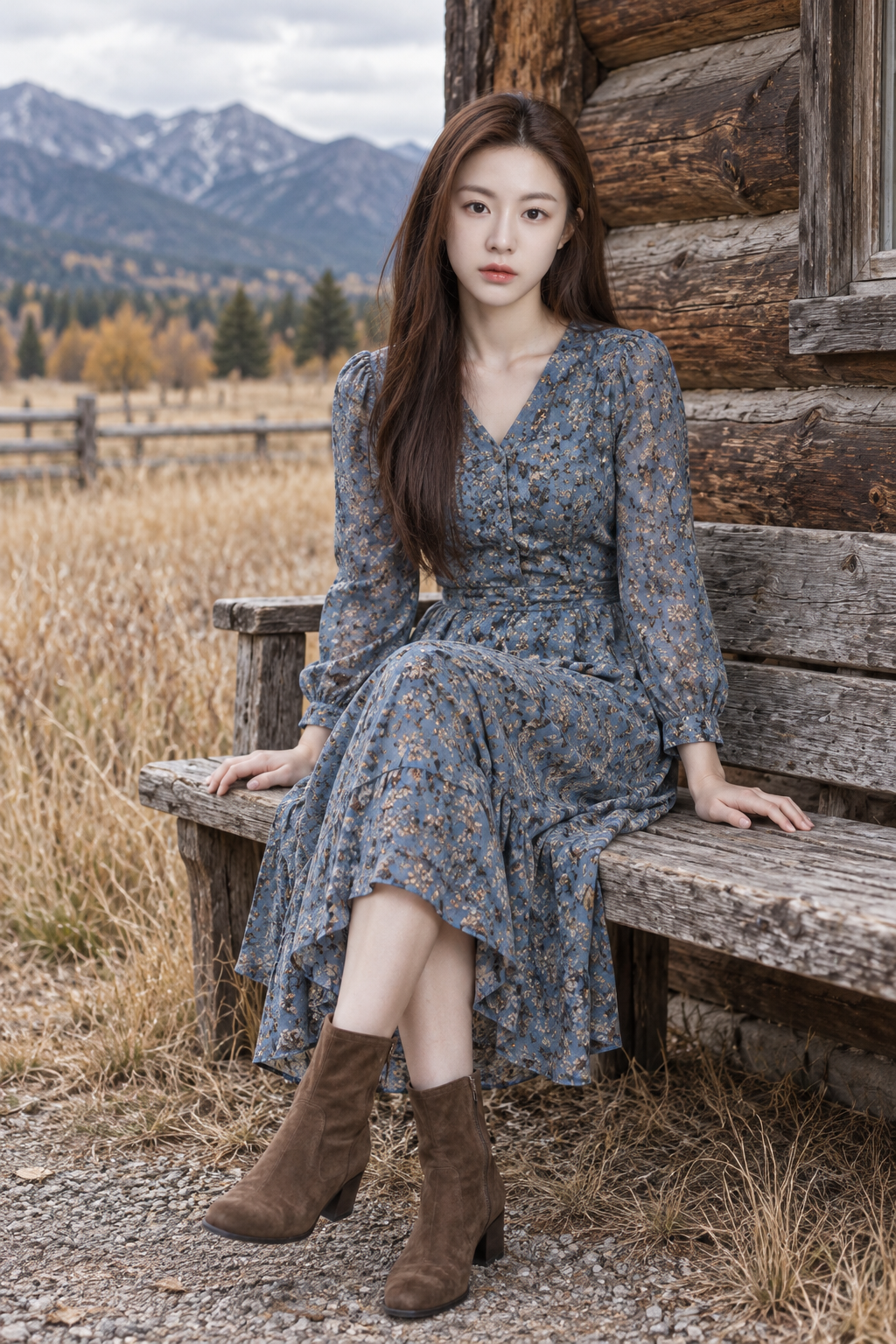 Portrait of an Autumn Mountain Scene Outside a Log Cabin — AI image creation