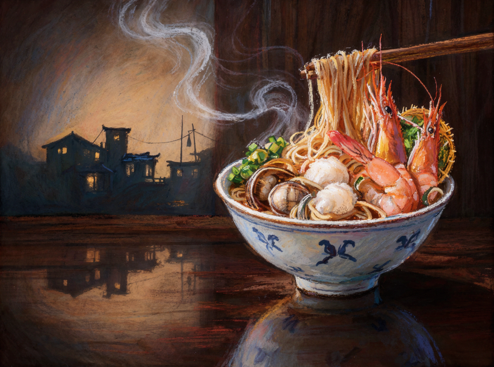 Mì hải sản hấp · Sáp màu phấn