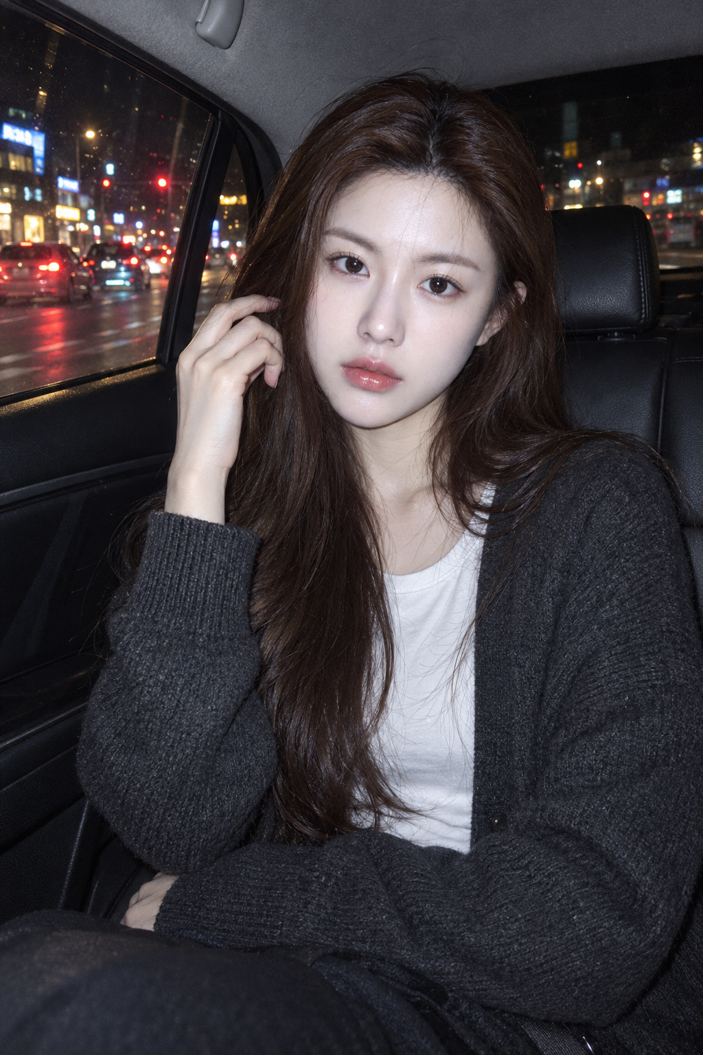 Nighttime Car CCD Flash Portrait of Woman in Gray Knit Cardigan — AI image prompt