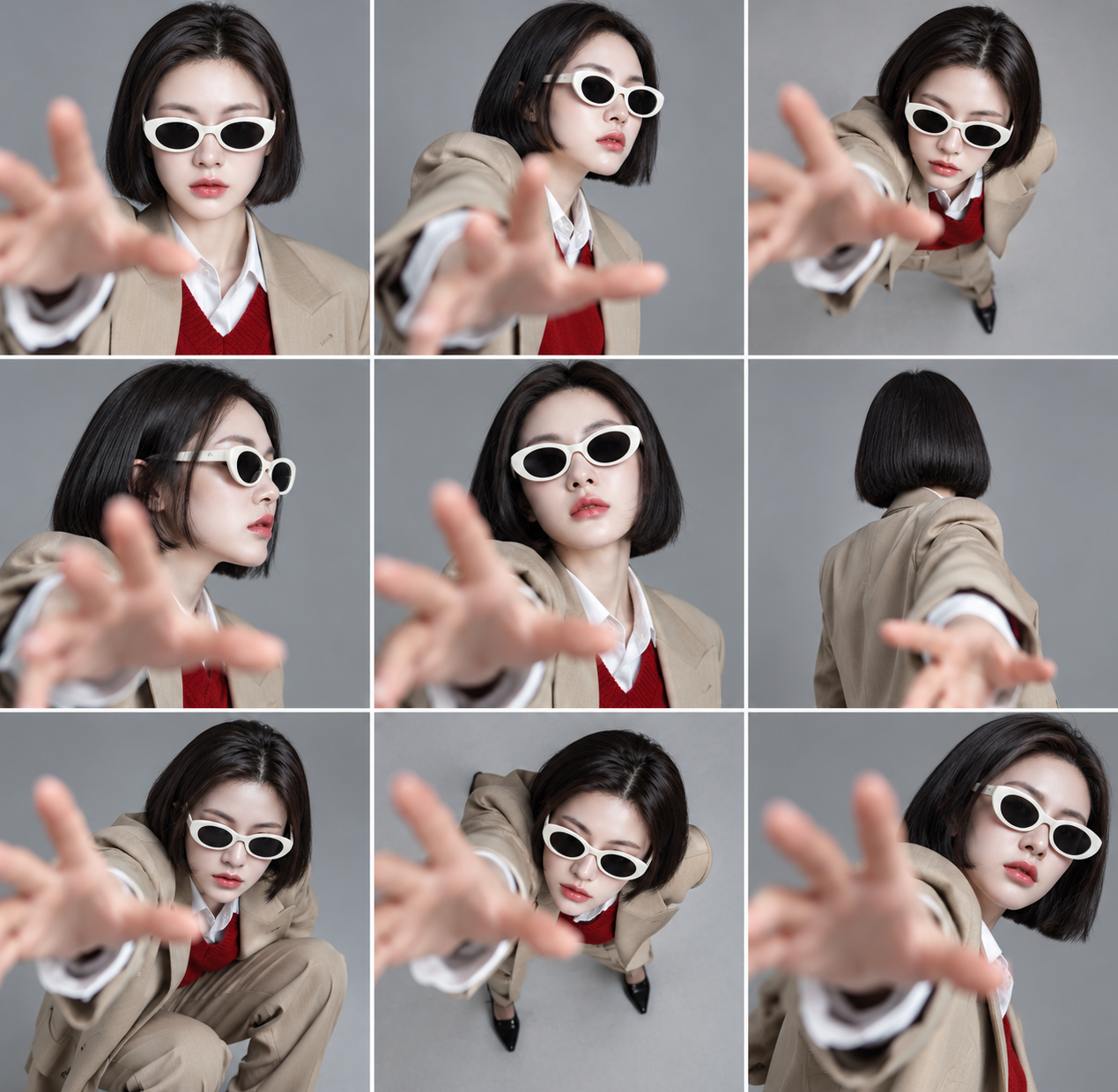 九宫格时尚大片:伸手触碰镜头的摩登女郎 — AI image creation
