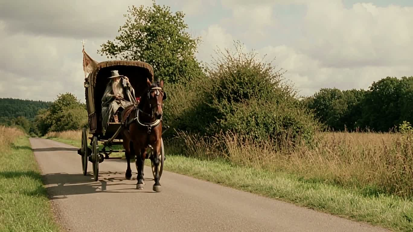 Ảnh góc rộng cổ điển về Gandalf điều khiển cỗ xe