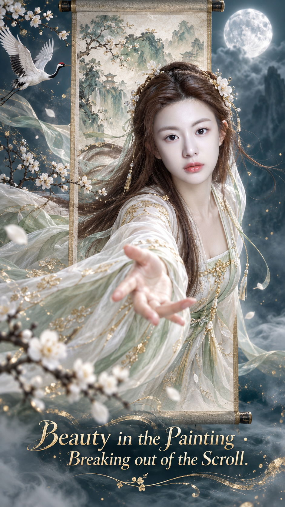 画中美人破卷而出东方奇幻叙事海报 — AI image creation
