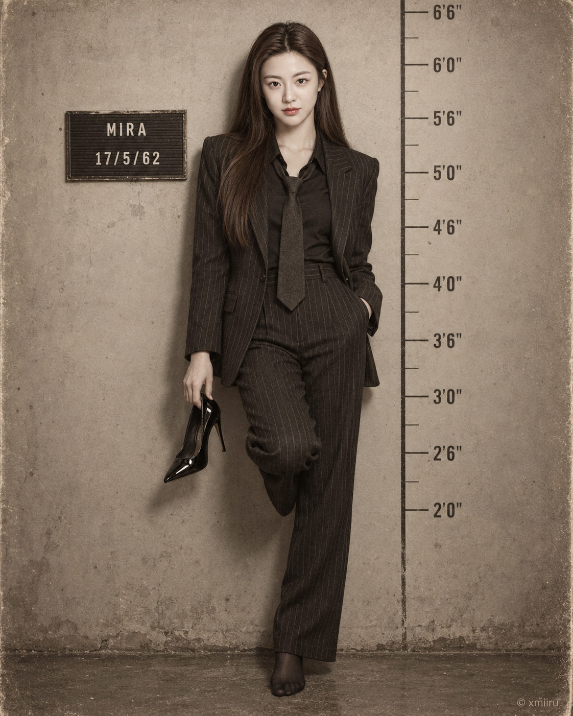 Portrait en pied d'une femme en tailleur posant comme sur une photo d'identité judiciaire vintage