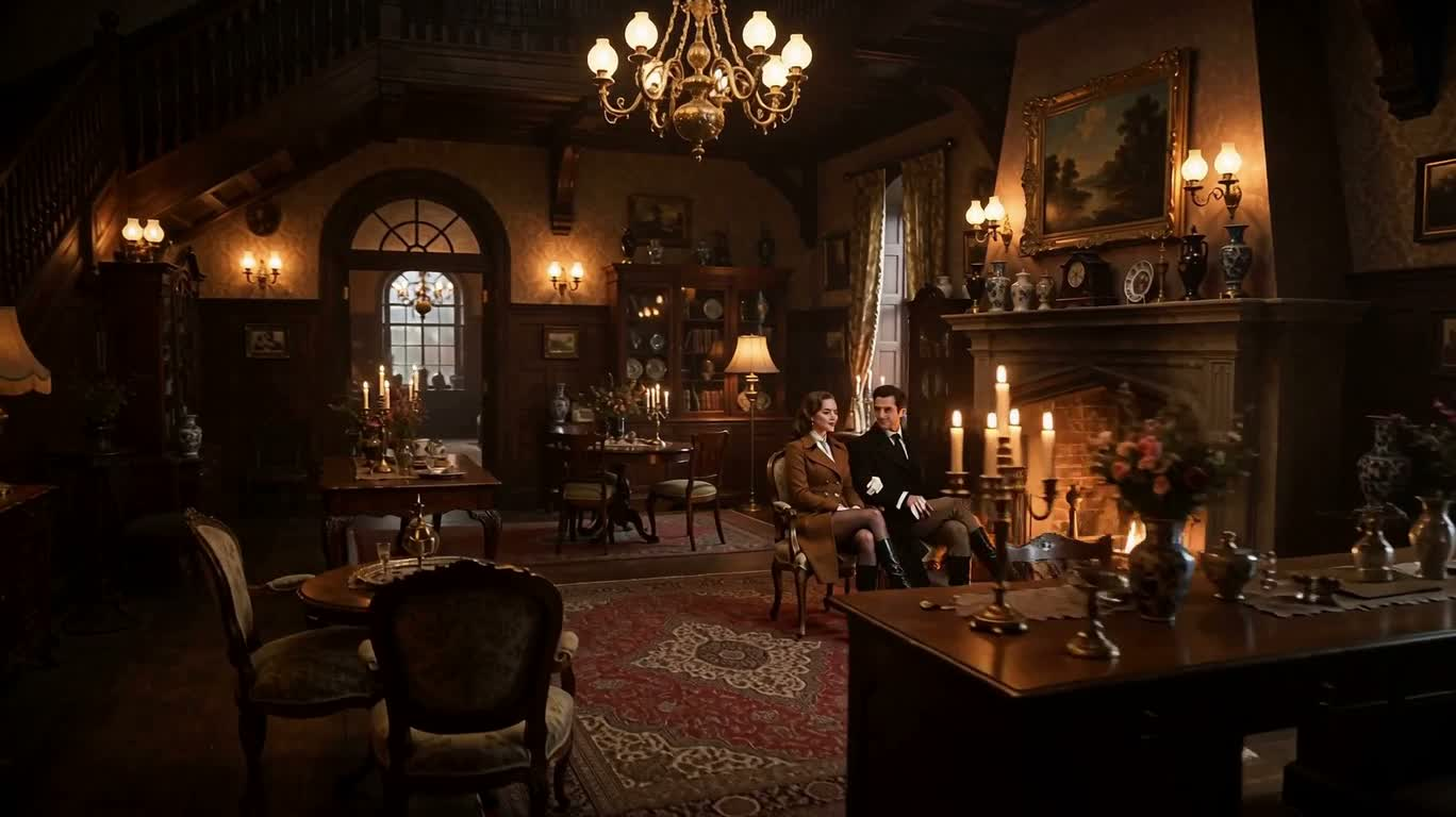 Portrait vintage d'un couple près de la cheminée de la boutique d'antiquités — AI video creation