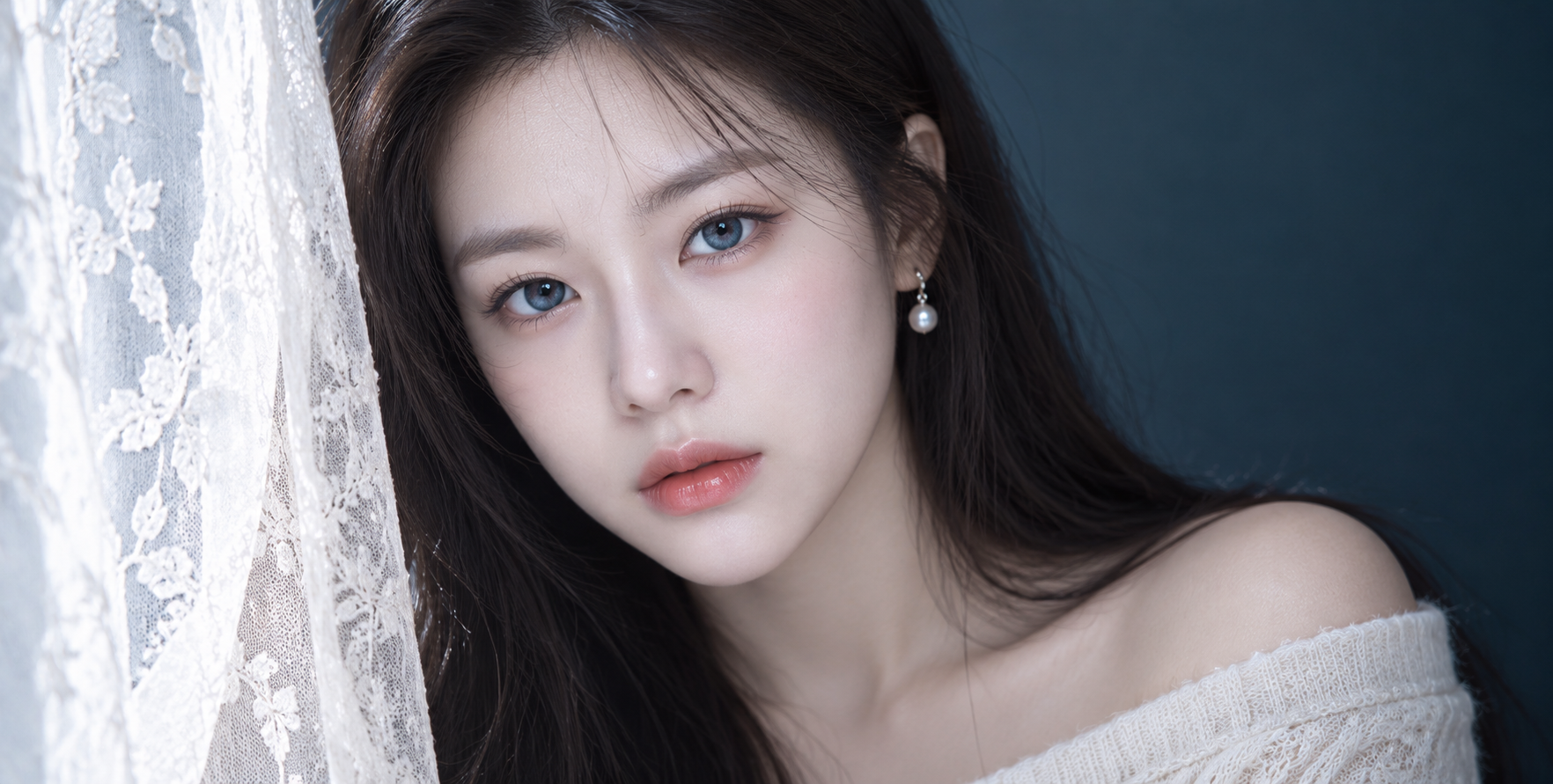 白色蕾丝柔光蓝眼成年女性肖像特写 — AI image creation