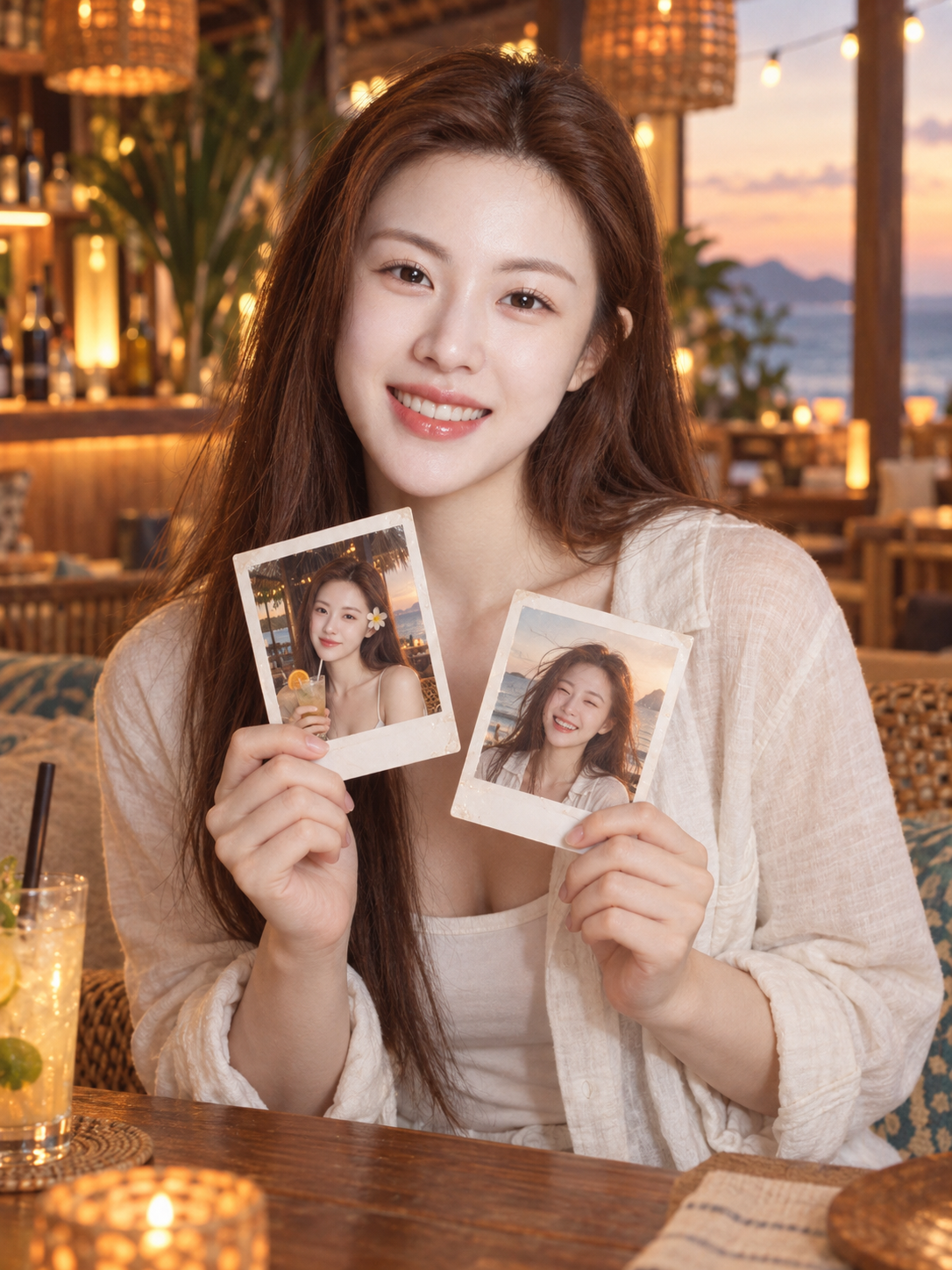 리조트 바에서 두 장의 즉석 사진을 든 자연스러운 미소