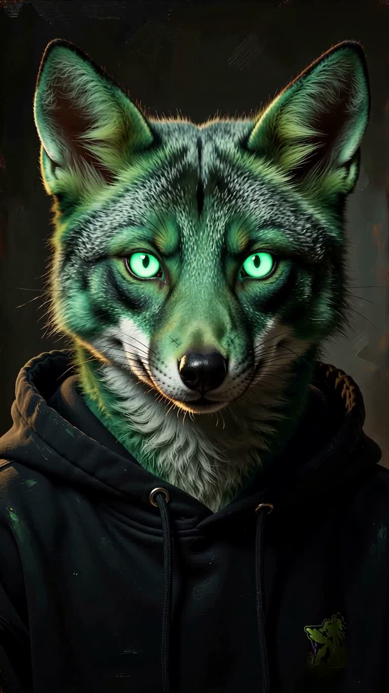 Angry Fluorescent Green Fox Oil Portrait
