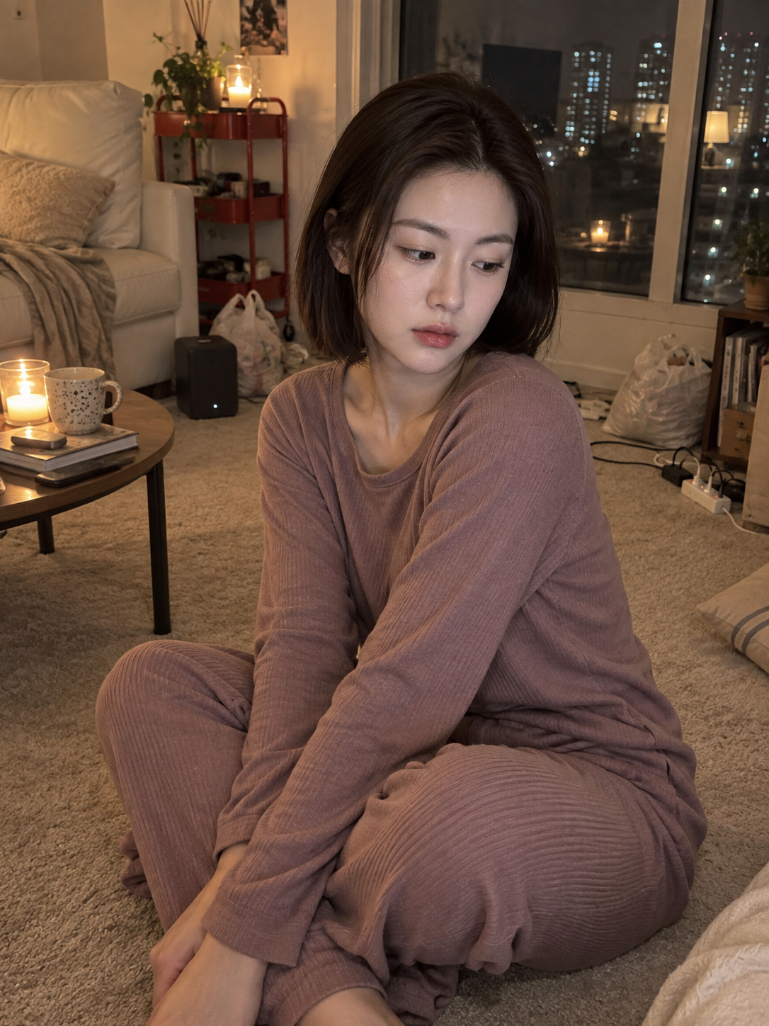 暖光凌乱客厅里的淡紫色成年女性生活方式人像 — AI image creation