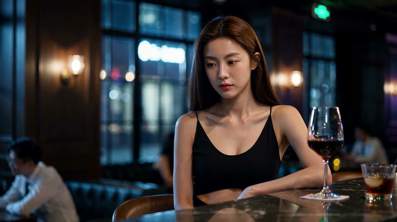 酒吧灯影中的沉思女子 — AI video creation
