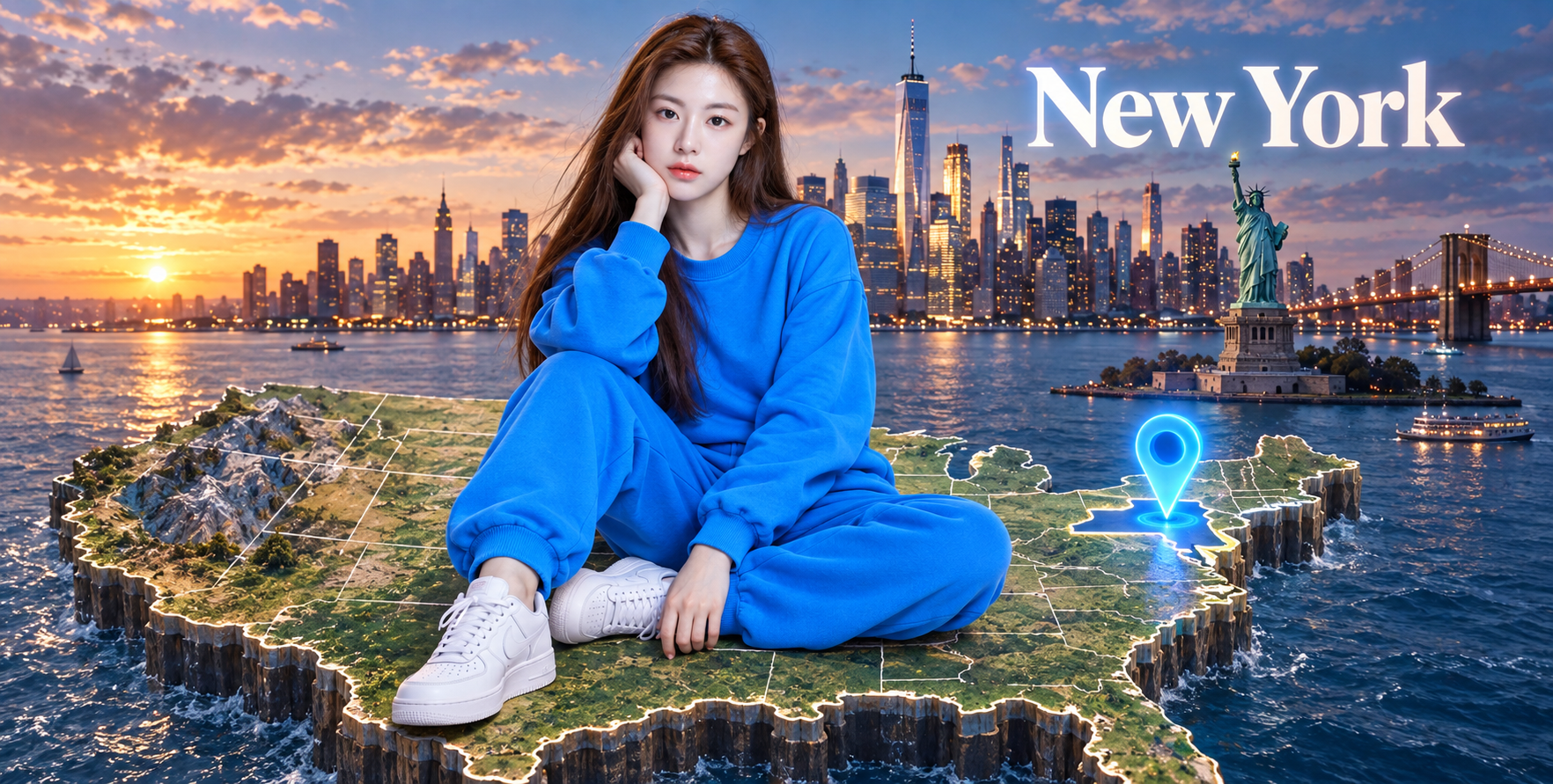 漂浮美国地图上的纽约旅行时尚人像 — AI image creation