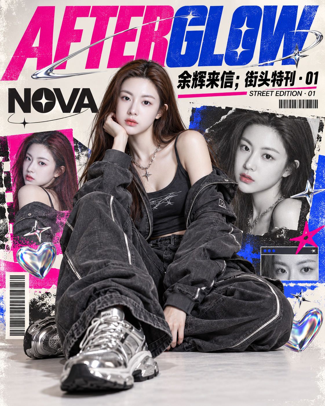 Y2Kポップ雑誌風 大人女性モデルのファッションポスター