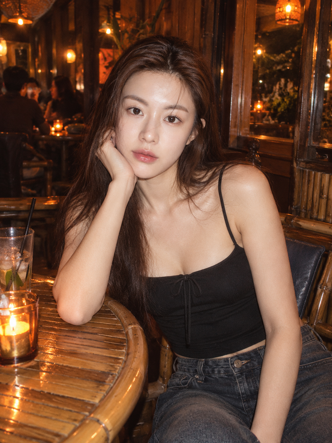 Y2K复古闪光灯下的木质酒吧成年女性肖像 — AI image creation