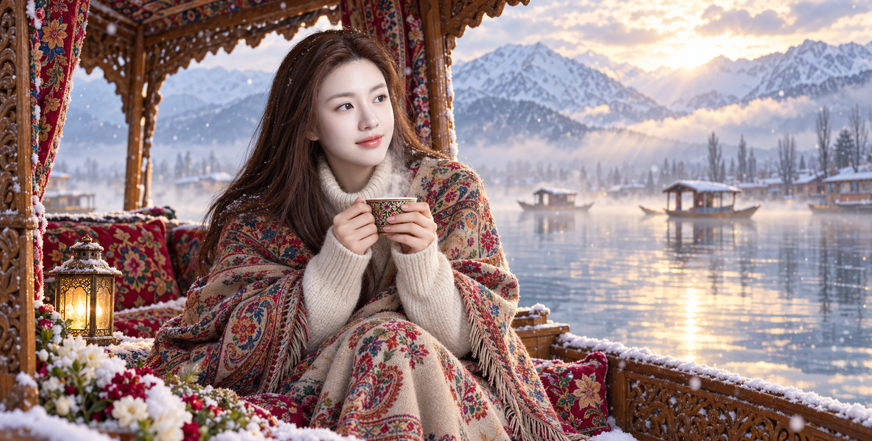 达尔湖雪晨中的克什米尔游船肖像 — AI image creation
