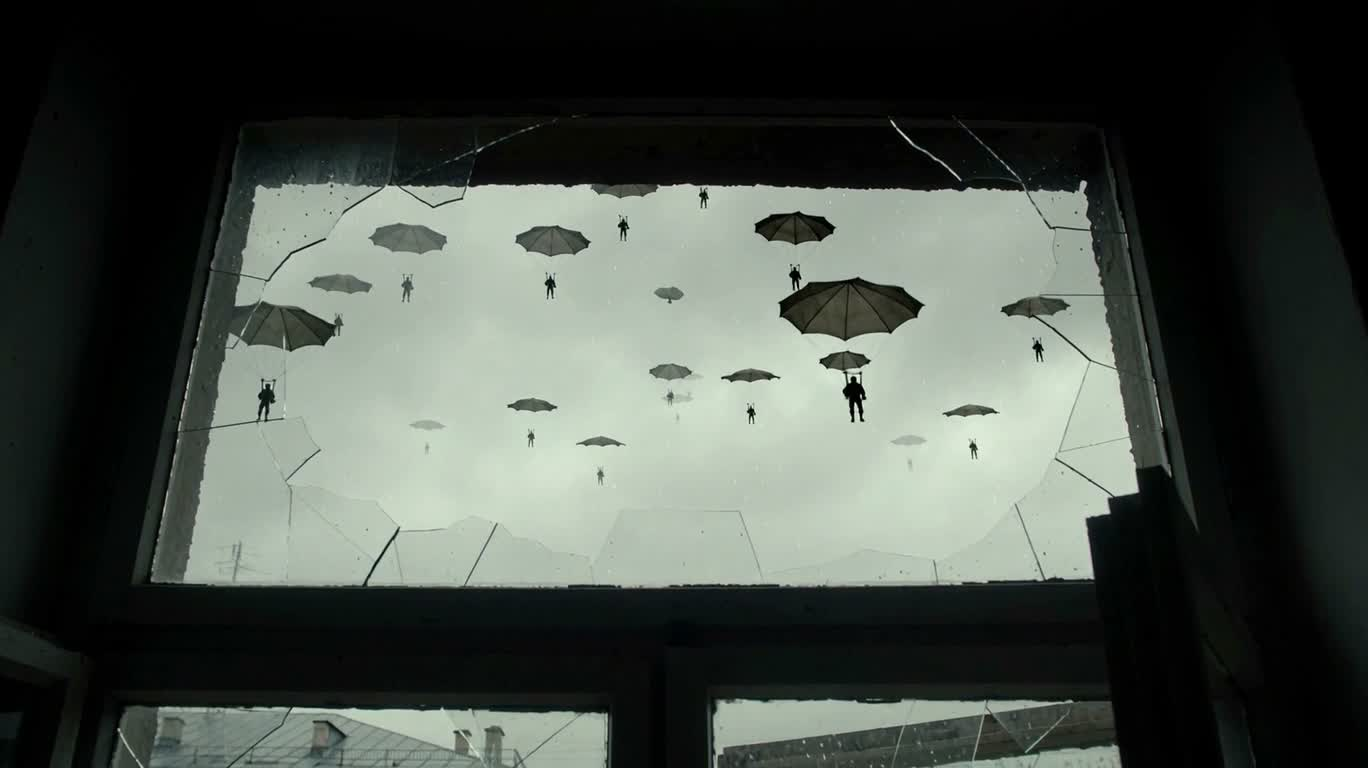 Red Flag Over the Fallen City Through a Broken Window — AI video creation