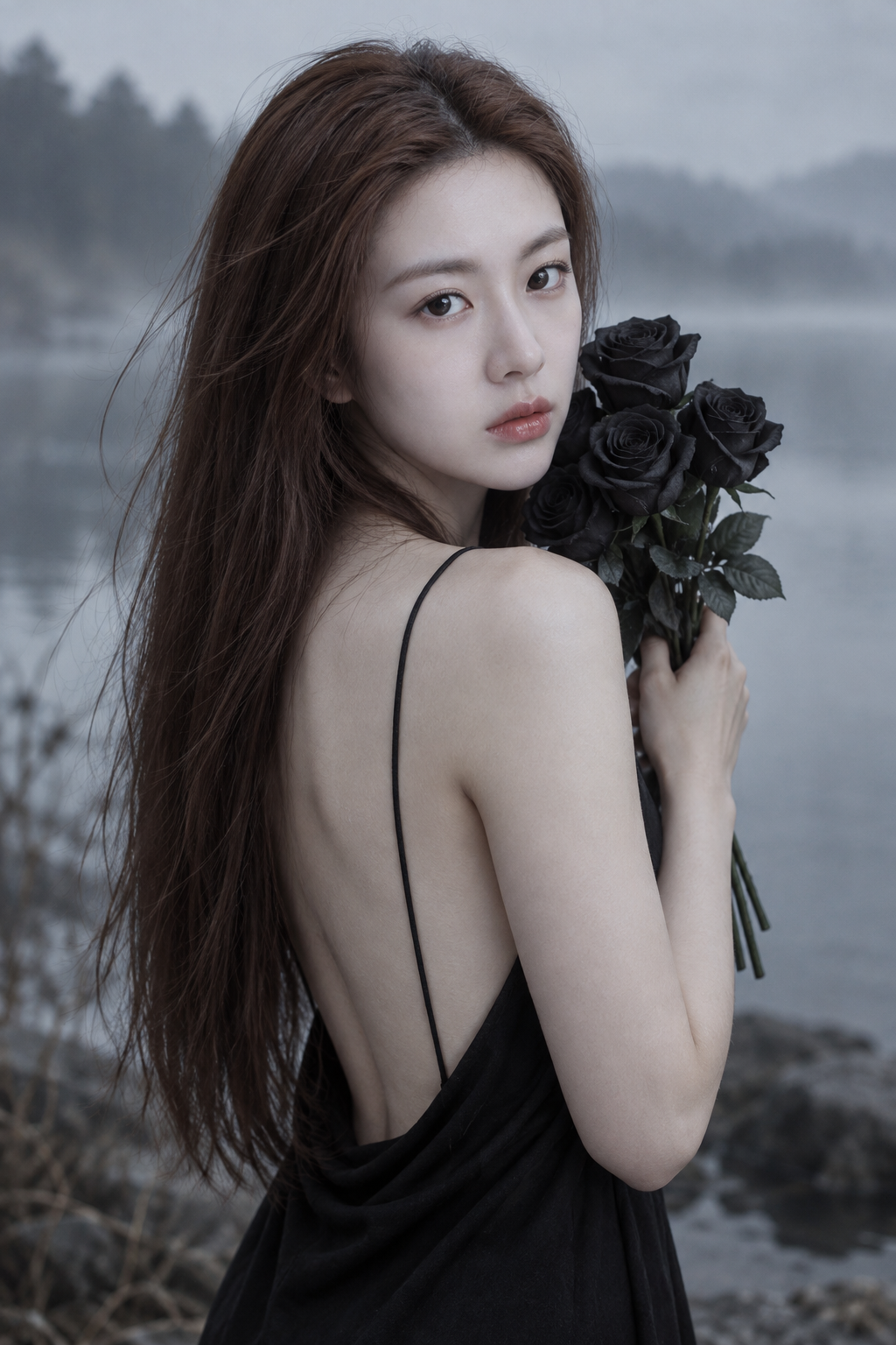 Portrait gothique de film au lac des roses noires